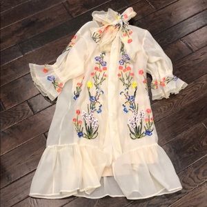 NWT Cream Embroidered Bow Neck Floral Dress